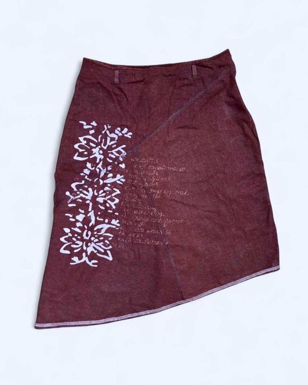 Vtg Y2K Brown Asymmetric Light Blue Contrast Stitch Text Print Linen Midi Skirt - Picture 1 of 5